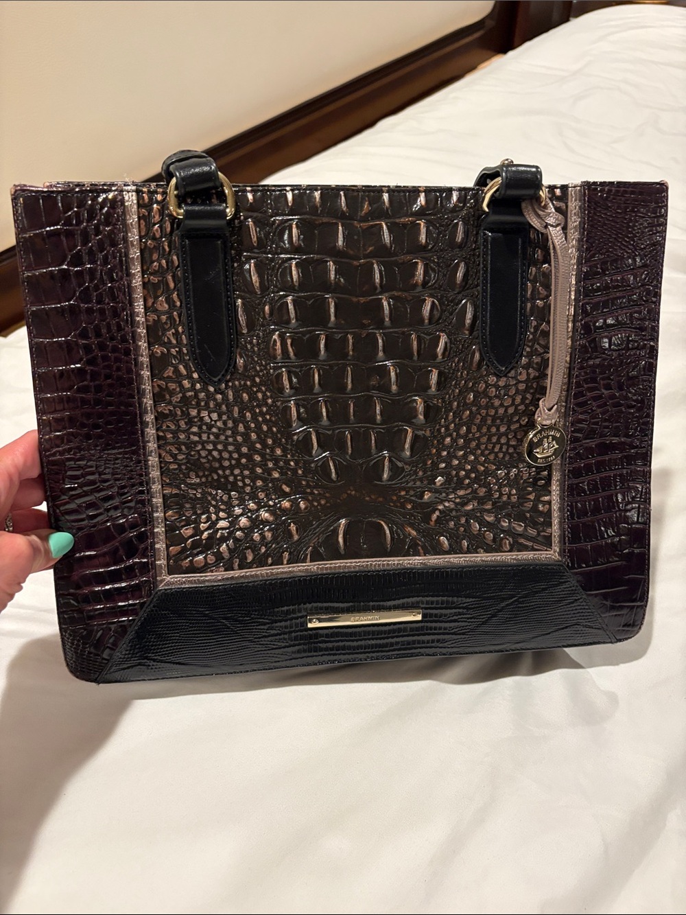 Brahmin Black and Burgundy Croc-Embossed Leather Tote